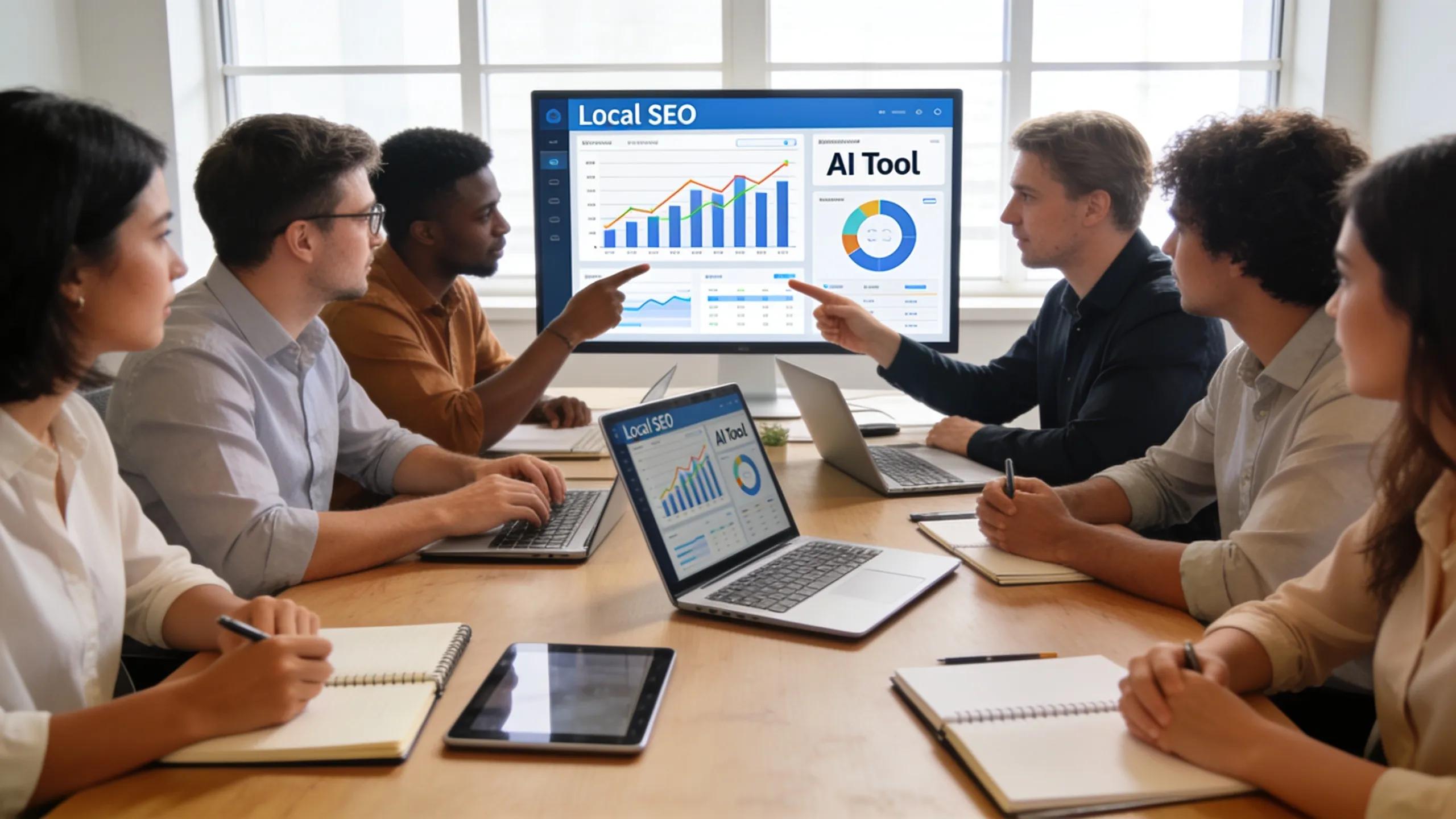 A diverse team collaborating on local SEO strategies in a modern office setting, emphasizing teamwork in digital marketing.